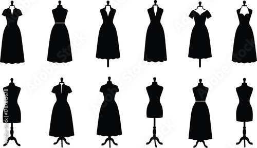 Fashion dress mannequin silhouettes vector set, vintage sewing dress forms collection, tailor dummy icons for fashion design, boutique, sewing studio illustration