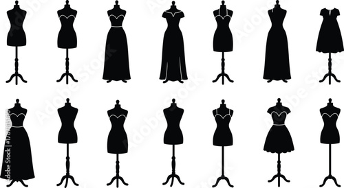 Fashion dress mannequin vector illustration, tailor dummy silhouettes with elegant dresses, sewing model display, fashion design studio decoration, clothing boutique artFashion dress mannequin vector 