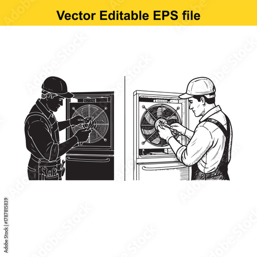 Two stylized illustrations of a repairman working on a fan unit, one in silhouette and one in line art
