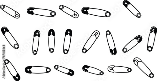 Seamless pattern of safety pins in various positions, black and white minimalist vector illustration design for sewing, tailoring, craft, and fashion backgrounds