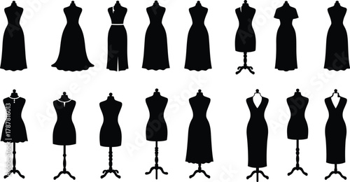 Fashion dress mannequin vector silhouettes collection, tailor dummy illustration for sewing design, boutique display model forms, elegant fashion studio decoration art