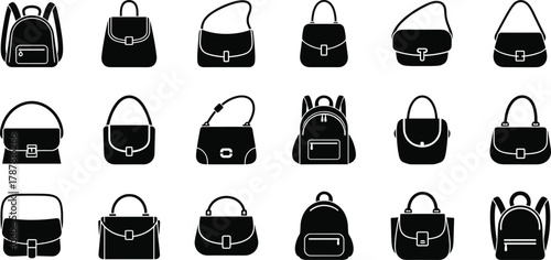 Fashion handbag and backpack collection vector illustration, stylish purses, shoulder bags, tote bags, and travel backpacks icons, modern women fashion accessories design