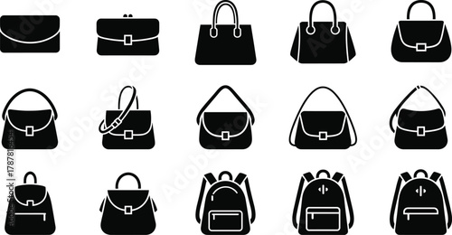 Fashion handbag and backpack vector icons set, modern purse and bag collection illustration, stylish accessories silhouette design for women fashion concept