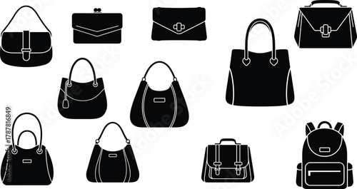 Fashion handbags and purses vector illustration, stylish tote bags, shoulder bags, clutches, and backpacks icons, elegant accessories for modern women fashion