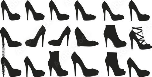 Fashion high heel shoes silhouette vector illustration, women footwear collection, elegant stiletto heels, stylish pumps, boots, and sandals design icons