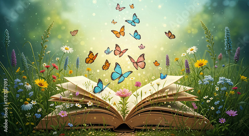 Fototapeta Naklejka Na Ścianę i Meble -  An open book releases a swarm of colorful butterflies into a magical meadow filled with wildflowers