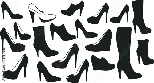 Fashion high heel shoes vector collection, elegant women footwear illustration, stiletto, boots, wedges, and pumps silhouette icons for fashion design