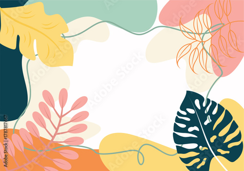 Abstract composition with colorful botanical elements and organic shapes