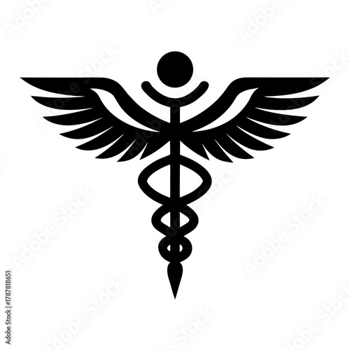 Classic black caduceus medical symbol with wings on white background