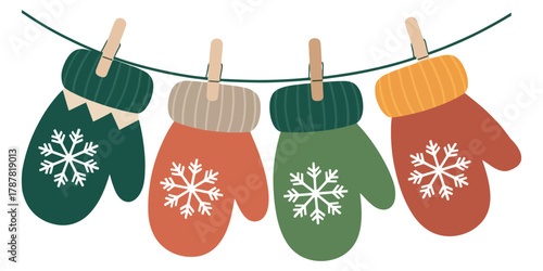 Colorful mittens hang on a line, decorated with snowflake patterns, festive winter illustration, cozy seasonal clothing, knitted gloves design