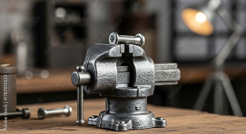Fototapeta premium A heavy duty metal vise and bolt on the wooden workbench, close-up