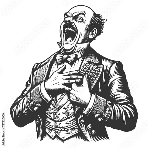 joyful Victorian-era man in ornate clothing laughing with hand on chest sketch engraving generative ai fictional character vector illustration. Scratch board imitation. Black and white image.