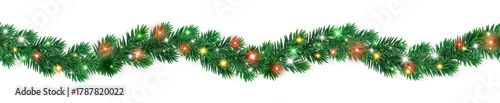 Seamless Christmas tree garland with red, green, and yellow glowing lights. Bright festive border. Lush fir branches. For winter holiday banners and cards. Transparent background in vector file.