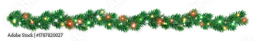 Christmas garland of fir branches with glowing red, yellow, and green lights. Bright decorative border for festive design, cards, and banners. Transparent background in vector file.