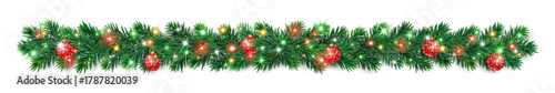 Christmas garland of lush fir branches decorated with red glitter ornaments and glowing colorful lights. Bright festive border for holiday banners and cards. Transparent background in vector file.