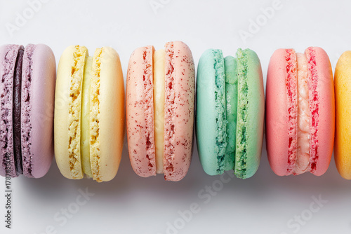 Top view of colorful macarons on white background. Multicolour macaroon sweet dessert French cuisine style for coffee break