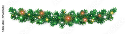 Christmas garland of lush fir branches with glowing lights and realistic texture. Bright festive border for Christmas design and New Year celebration. Transparent background in vector file.