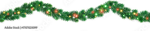 Seamless Christmas tree garland with multicolor glowing lights and realistic fir branches. Festive bright border for winter holiday design. Transparent background in vector file.