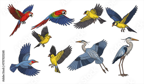 collection of colorful bird icons in flight