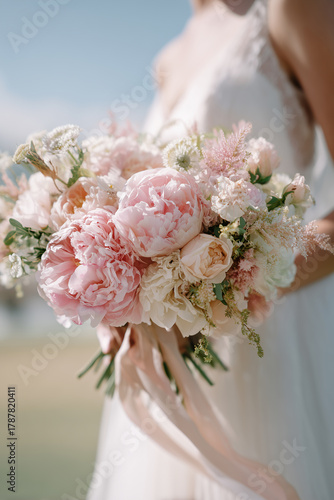 Close-up photo of a woman holding bouquet of beautiful flowers. Bridal concept. Marriage ceremony.