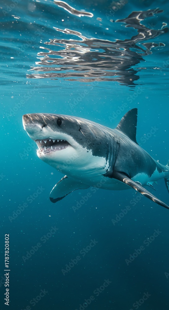 Fototapeta premium Great White Shark Swimming Underwater Oceanic Predator Dangerous Force