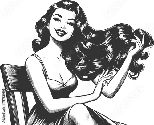 glamorous smiling woman sitting on a chair and proudly displaying her voluminous, flowing hair sketch engraving generative ai fictional character vector illustration. Scratch board. Black and white.