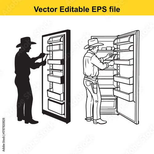 A technician works on a refrigerator, shown in both silhouette and line art styles