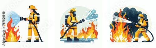 A firefighter extinguishing a fire using a water hose, wearing a fireproof suit and helmet, flat design, simple and minimalistic style, white background, vector illustration.