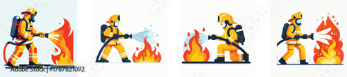 A firefighter extinguishing a fire using a water hose, wearing a fireproof suit and helmet, flat design, simple and minimalistic style, white background, vector illustration.