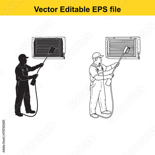 Two hvac technicians in silhouette and line art style, cleaning an air conditioner unit with a brush