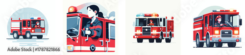 A firefighter driving a red fire truck with siren lights on, flat design, clean minimal style, white background.