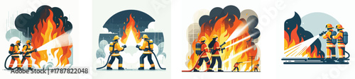 Two firefighters spraying water on a large fire, teamwork scene, flat design, minimalistic, white background.