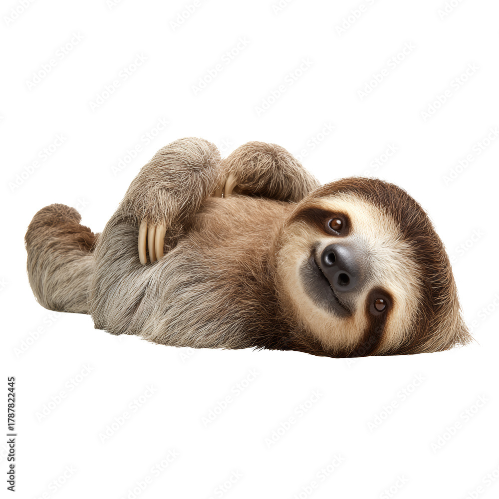 Naklejka premium Sloth resting on back looking at camera transparent background