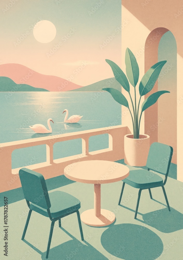 Obraz premium Serene lakeside view illustration.