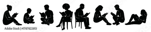 Set of people silhouettes reading books including men women and children sitting on floor or chair relaxing and studying black vector collection for education and literature themes