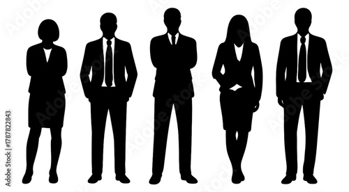 Set of business people silhouettes men and women in formal suits standing in different poses black vector collection representing corporate teamwork leadership and office professionalism