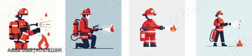 A firefighter holding a fire extinguisher to put out small flames, flat design, minimalistic, white background