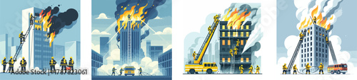 Firefighters rescuing people from a burning building using a ladder, emergency response scene, flat design, simple and minimalistic style, white background, clean vector illustration