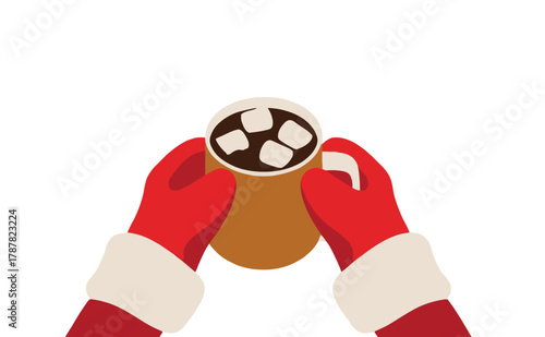 Hands in red mittens holding a mug of hot chocolate with marshmallows on a white surface, cozy winter scene illustration