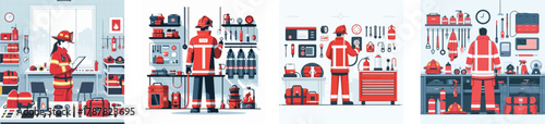 A firefighter checking fire equipment in a station, wearing uniform, flat design, white background, minimal