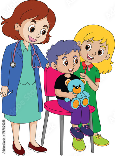 Cartoon illustration of female doctor examining little boy with his mother in clinic, pediatric checkup, healthcare consultation, medical visit scene