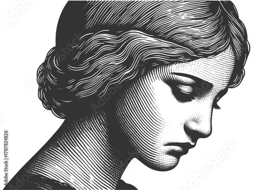 sorrowful woman with downcast eyes, reminiscent of classical sculpture or vintage etching sketch engraving generative ai fictional character vector illustration. Scratch board. Black and white image.