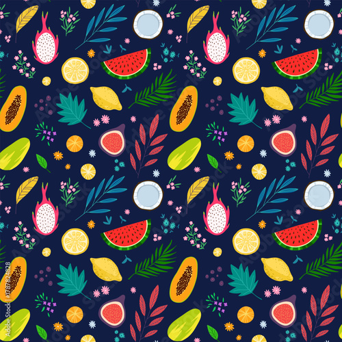 Summer and spring tropical seamless pattern with tropical fruits, flowers and plants. Textile pattern with healthy food, vector illustration
