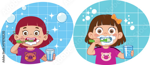 Cute cartoon girl brushing teeth in bathroom with toothbrush and glass of water, morning hygiene routine, healthy dental care habit