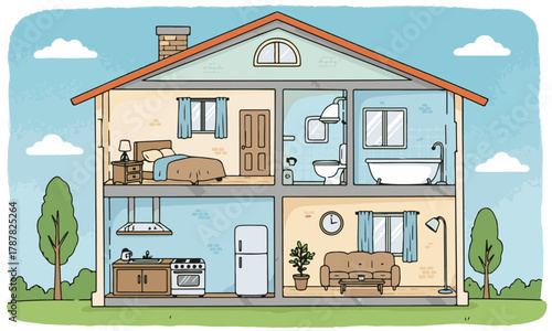Detailed Hand-Drawn Cross Section of a Two-Story House