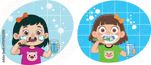 Cute cartoon girl brushing teeth in bathroom with toothbrush and glass of water, morning hygiene routine, healthy dental care habit