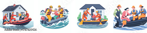 Rescue workers evacuating people from flooded houses using a boat, helping an elderly person, flat design, simple and minimalistic style, white background, clean vector illustration