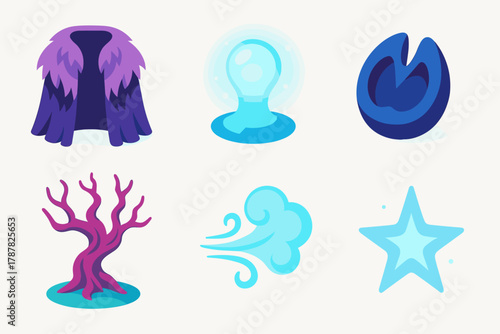 Mystic Chill Icons. Mystic Chill modern flat icon set: fur cloak, misty light, hoofprint, twisted tree, cold breath, faint star.
