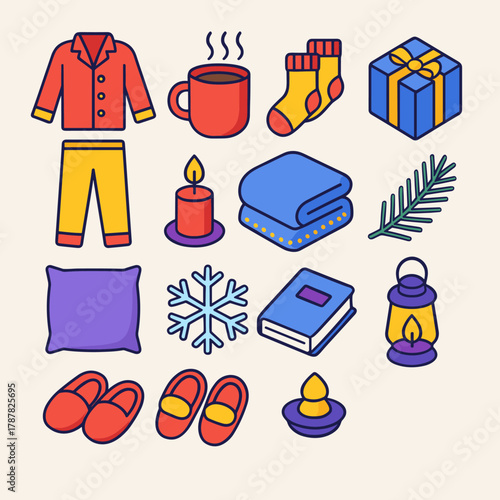 Cozy Christmas Icons. Christmas Pajama Moments modern flat icon set: cozy pajamas, steaming mug, wool socks, wrapped gift, candlelight, fluffy blanket, pine branch, book, snowflake