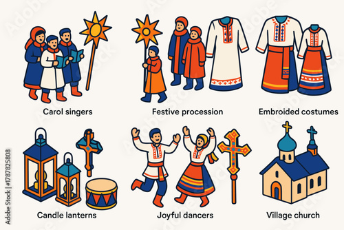 Orthodox Christmas Icons. Orthodox Christmas Cultural Festivity modern flat icon set: carol singers, festive procession, candle lanterns, embroidered costumes, decorated cross,